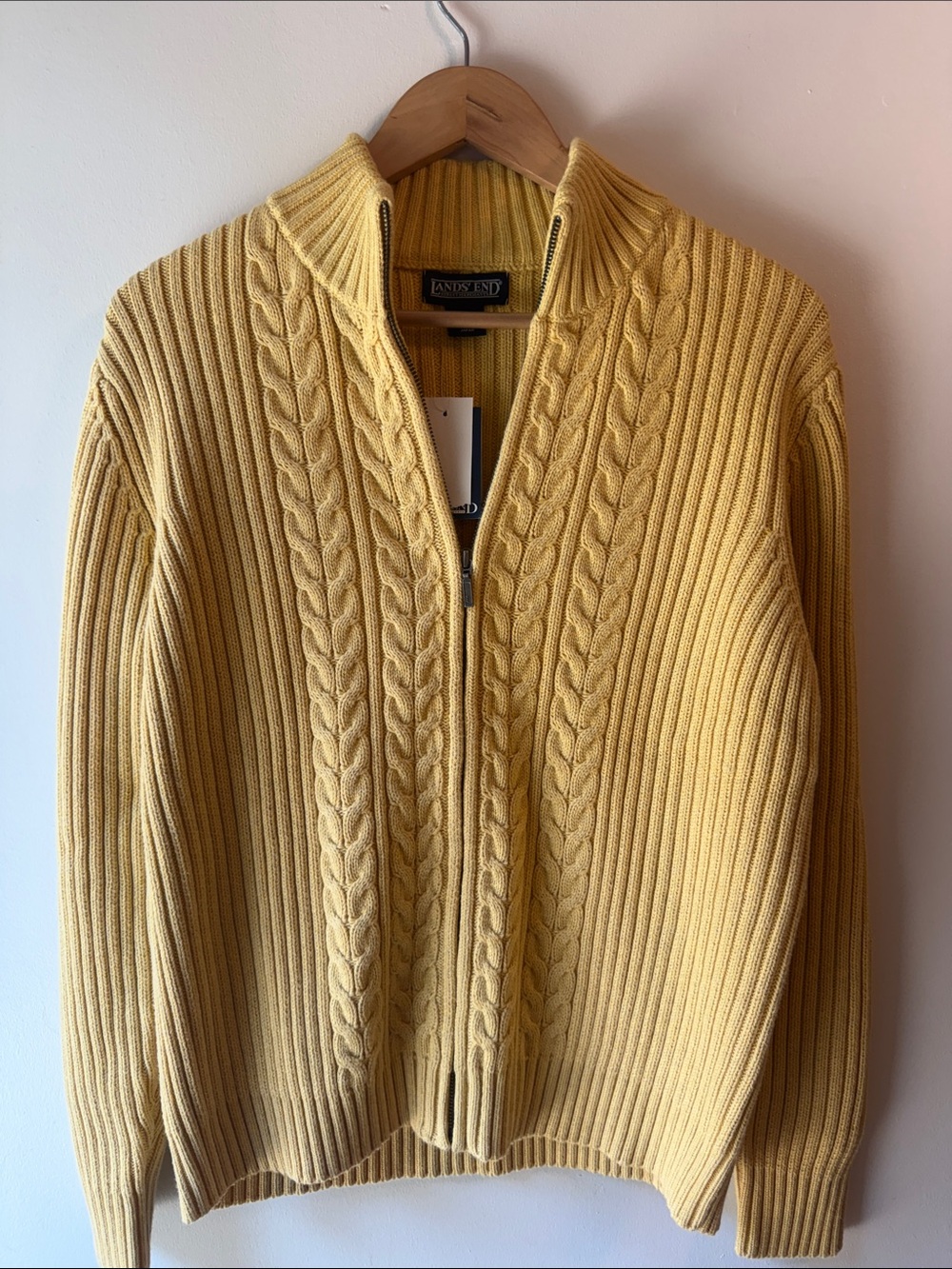 Lands' End 90’s Women Yellow Zip-Up Cable Rib Cotton Sweater